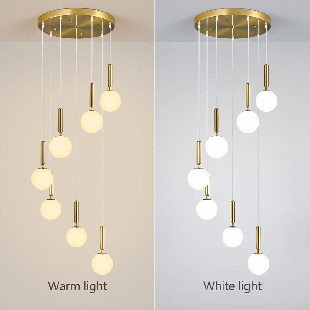 7-Lights Gold Chandelier with Milk White Glass Hanging Fixture Light for Kitchen Island Mid Century Modern Globe Pendant Light for Foyer Living Room Entryway Hallway
