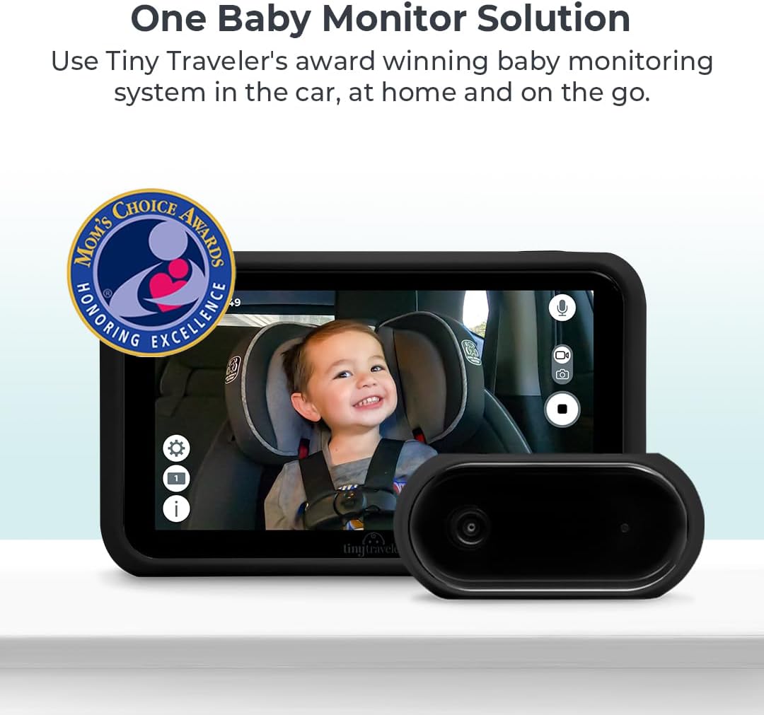 Tiny Traveler 5' HD Touch Screen Baby Car Monitor – Hackproof, No WiFi Baby Camera for Travel and Home, Night Vision, Headrest or Clamp Mount, Baby Reminder Alert - Black