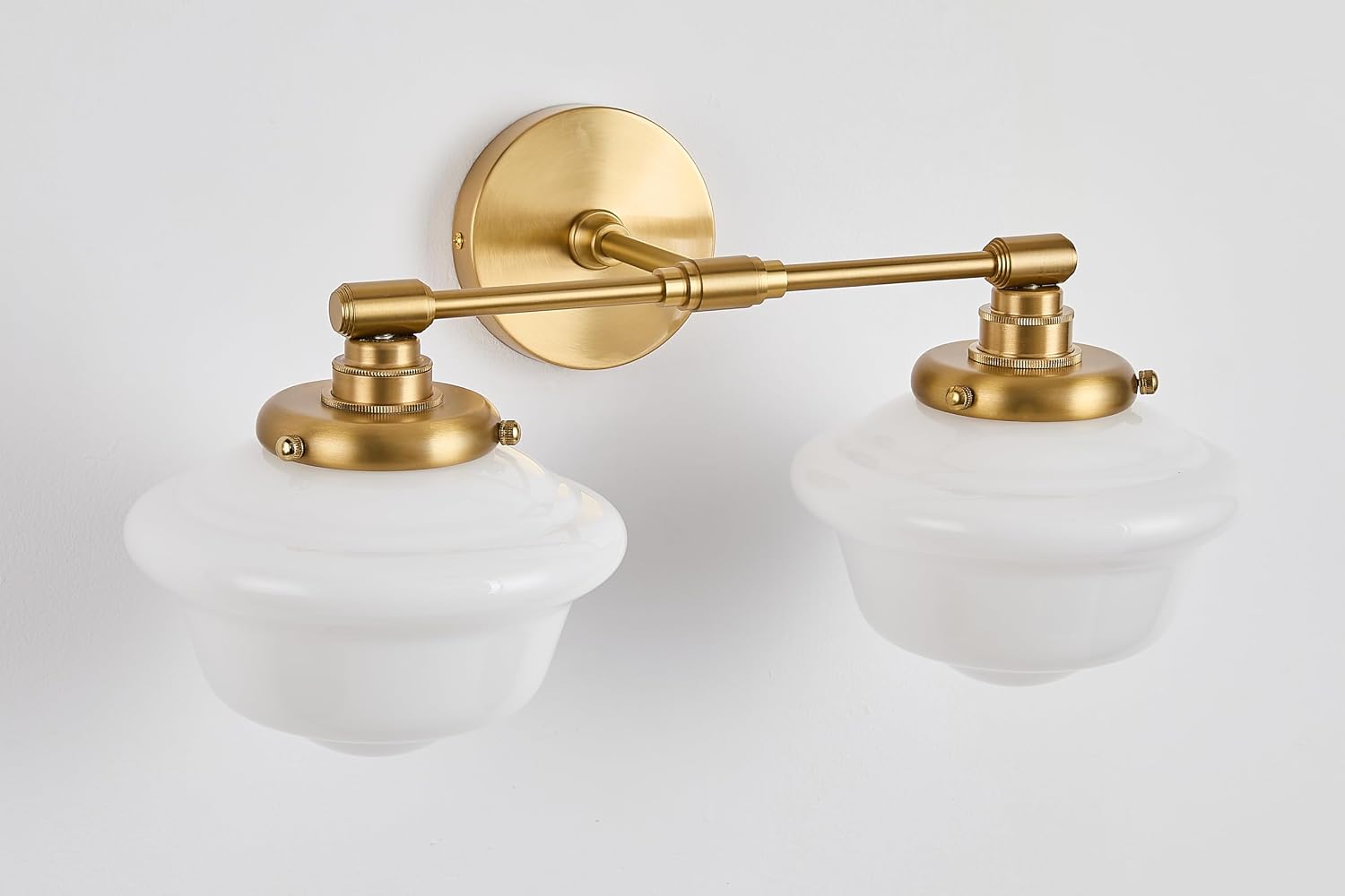 FCTWAKS 2-Light Vintage Bathroom Vanity Light, Schoolhouse Light Fixture - Brushed Gold with Milk Glass Shades, Modern Farmhouse Wall Sconce