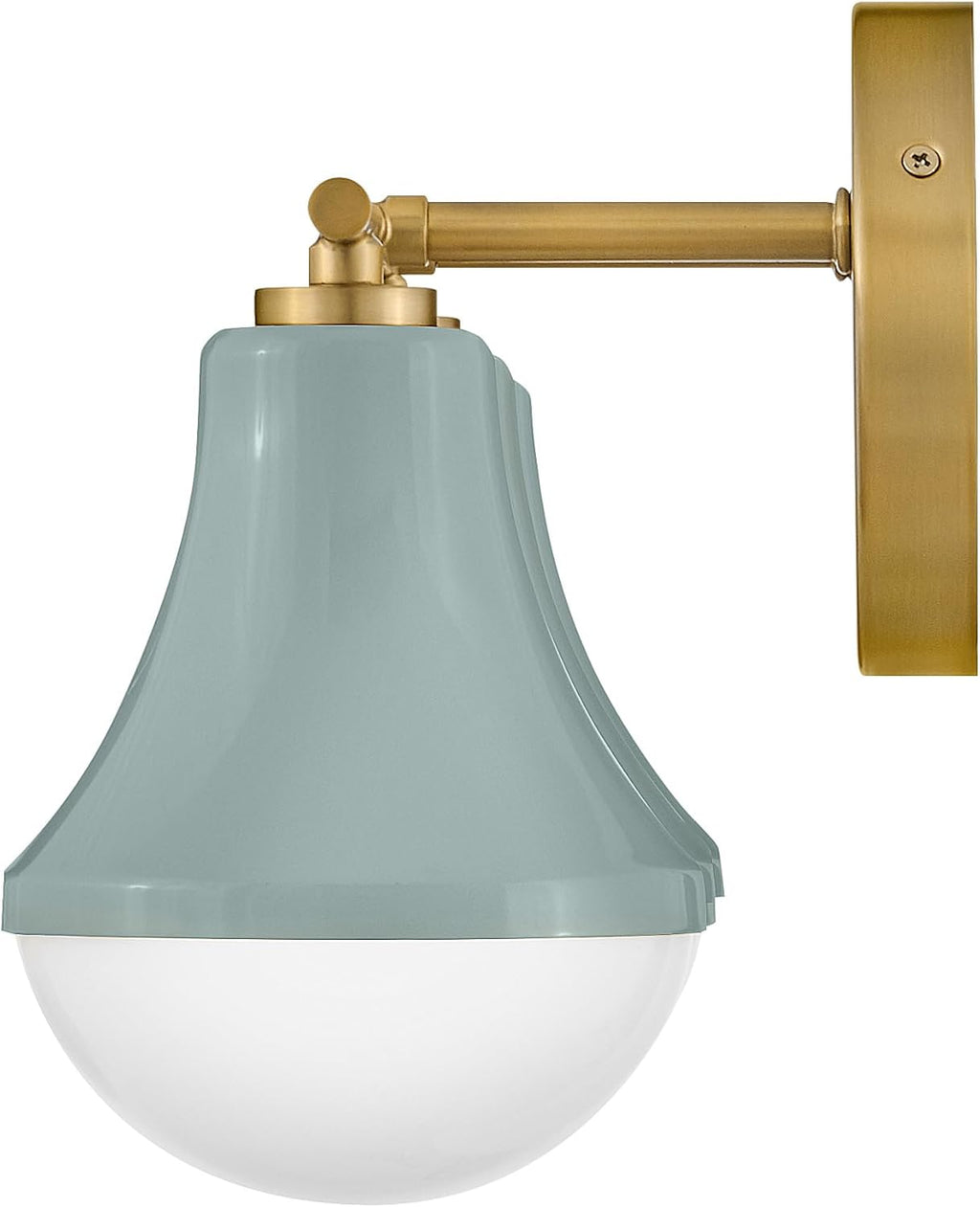 Lark Haddie Modern Three-Light Bath Vanity, Fixture Mounts Up or Down Over Bathroom Mirror, Seafoam and Lacquered Brass Finish