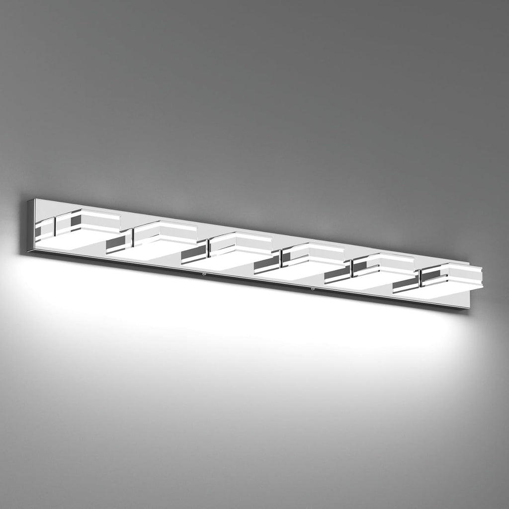 Ralbay Chrome Bathroom Vanity Light Fixtures 48inch 6-Light Acrylic Chrome Modern LED Bathroom Wall Vanity Lighting Fixtures Over Mirror