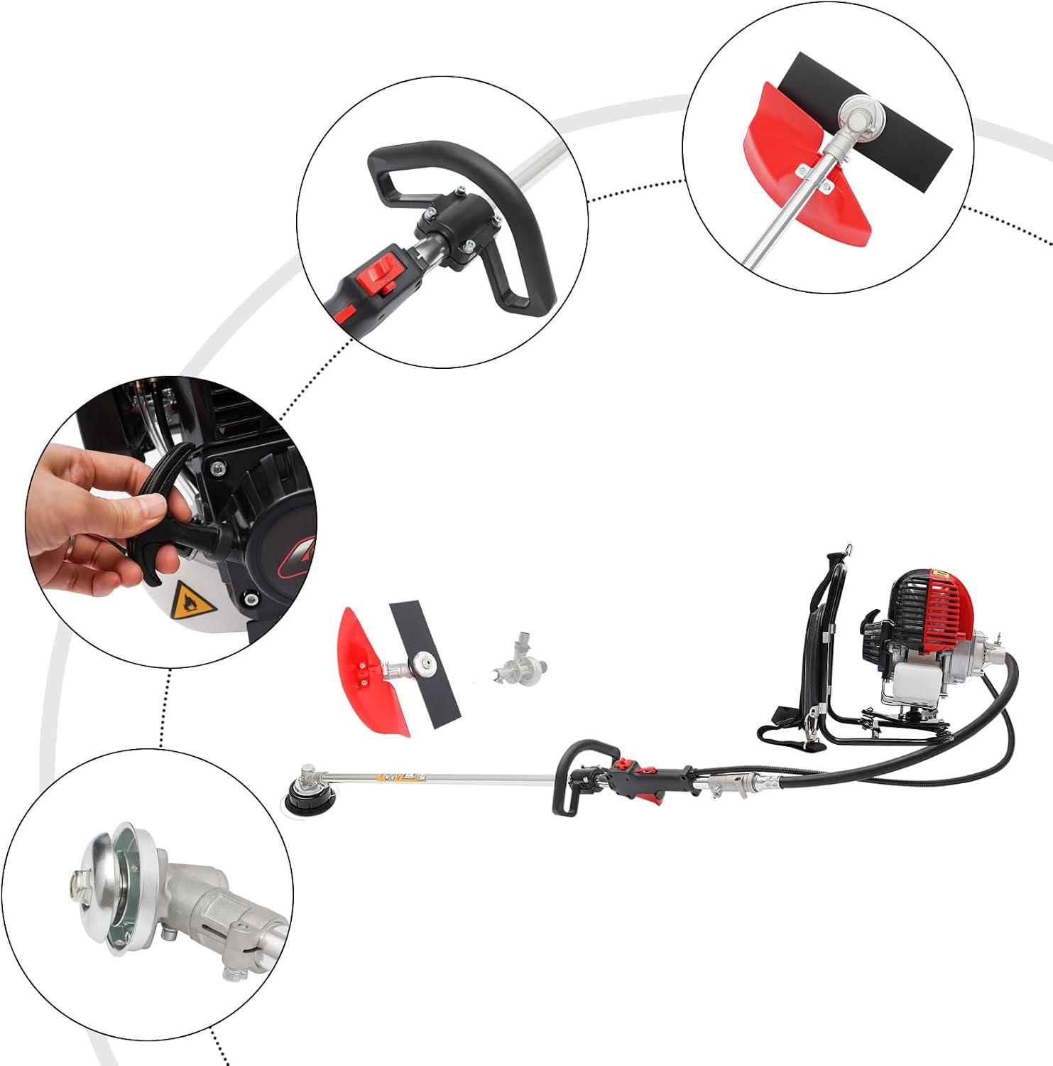 Portable Backpack 4 Stroke Brush Cutter 750W Gas Powered Lawn Mower Tool Multi-Function Weed Eater Hedge Trimmer Gasoline Tiller Cultivator for Lawn, Farmlands, Yard, Garden, Shrub Trimming