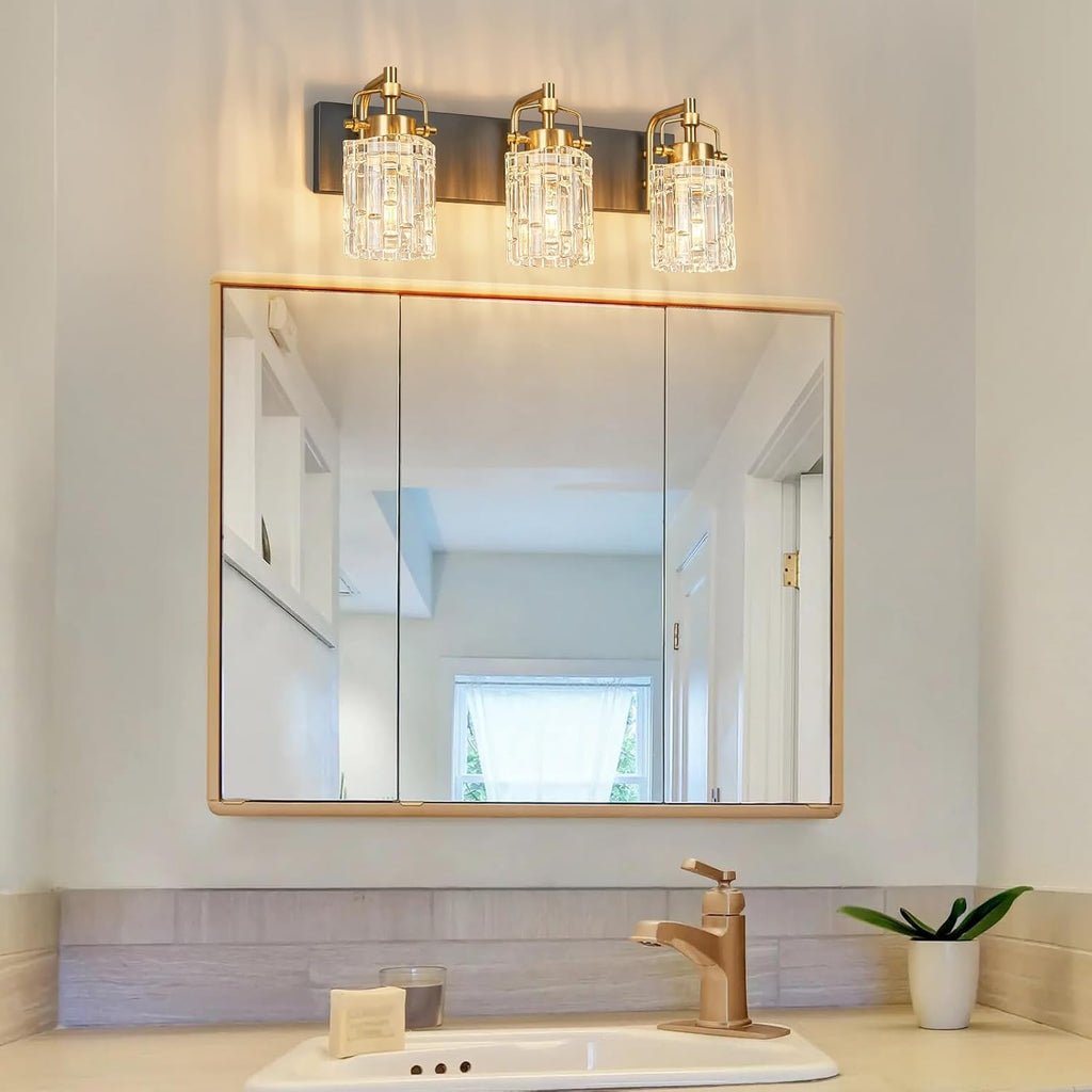3 Light Crystal Glass Vanity Light, Black Gold Bathroom Lighting Fixtures Over Mirror Modern Bath Wall Sconce Lighting for Bedroom Living Room
