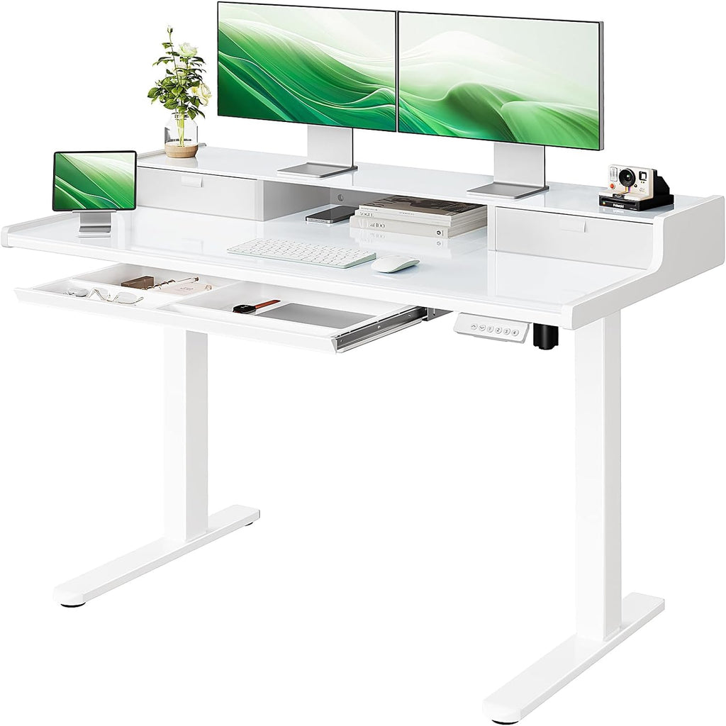 Marsail 48x24 inch Glass Standing Desk with Drawers, Computer Desk with Monitor Stand, Home Office Adjustable Table with Drawers, 4 Preset Heights, Stand up Table for Home, Office, White