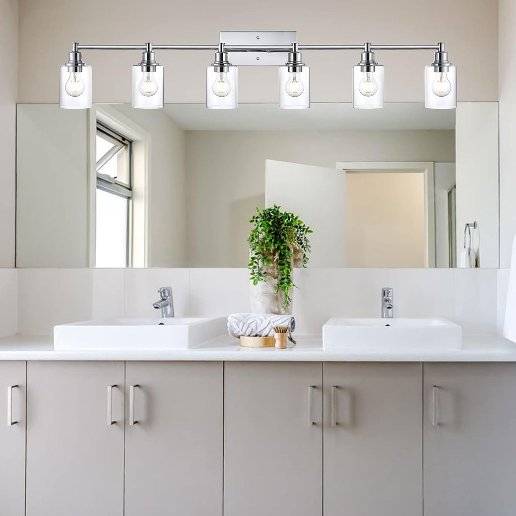 Bathroom Vanity Light Fixtures, 6-Light Vanity Lights for Bathroom Bedroom Chrome Finish Wall Mount Lights with Cylindrical Clear Glass Shade