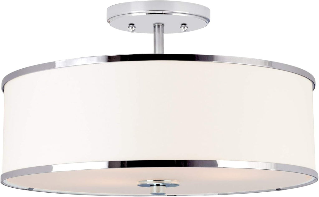 Kira Home Chloe 15' Modern Semi-Flush Mount Ceiling Light with White Fabric Drum Shade, 3-Light Hanging Fixture with Tempered Glass Diffuser, Chrome Finish