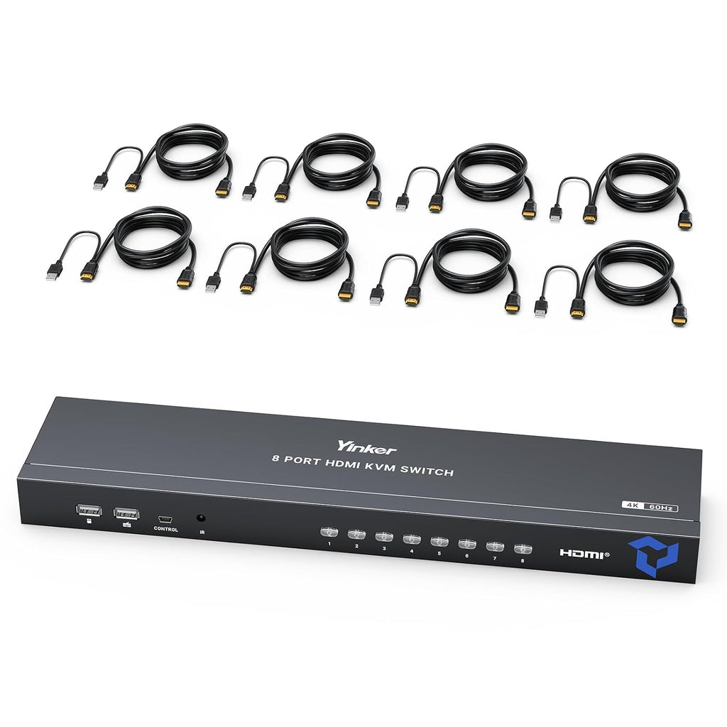 8 Port HDMI KVM Switch, Yinker 4K@60Hz 2K@144Hz USB Rack Mount KVM HDMI Switch w/8 Pack KVM Cables, Support RGB 4:4:4, HDCP 2.2, 3.5mm Audio, 4 USB 2.0, IR Remote