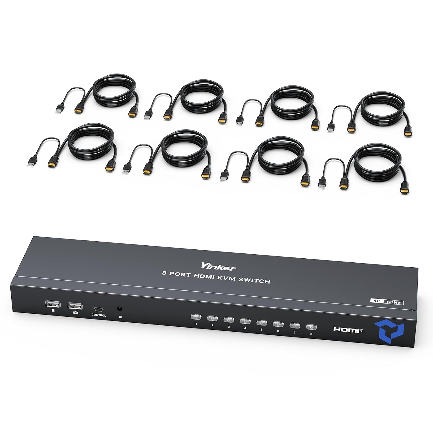 8 Port HDMI KVM Switch, Yinker 4K@60Hz 2K@144Hz USB Rack Mount KVM HDMI Switch w/8 Pack KVM Cables, Support RGB 4:4:4, HDCP 2.2, 3.5mm Audio, 4 USB 2.0, IR Remote