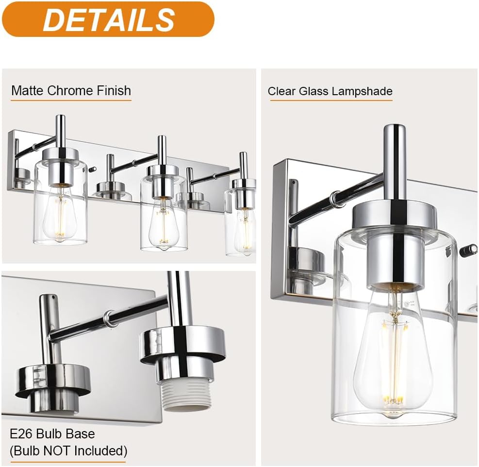 Modern Bathroom Lighting with Clear Glass Shade 4-Light Vanity Light Fixtures Chrome Finished Industrial Wall Light Sconces for Bedroom Hallway (Patent No.: US D958,438 S)