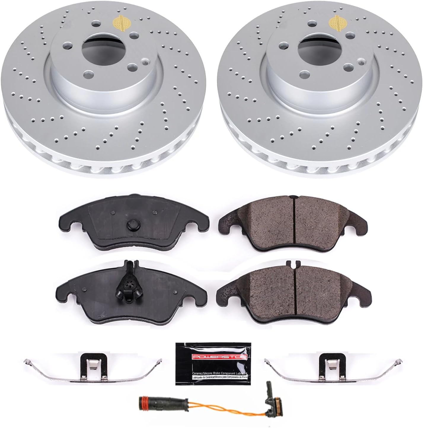 PowerStop Front Brake Kit for Mercedes-Benz C300 2014 |C350 2008-13 |E250 2014-16 |E350 2010-16 |E400 2013-17 - Fully-Coated Disc Rotors with Z23 Carbon-Fiber Ceramic Brake Pads Upgrade, CRK7496