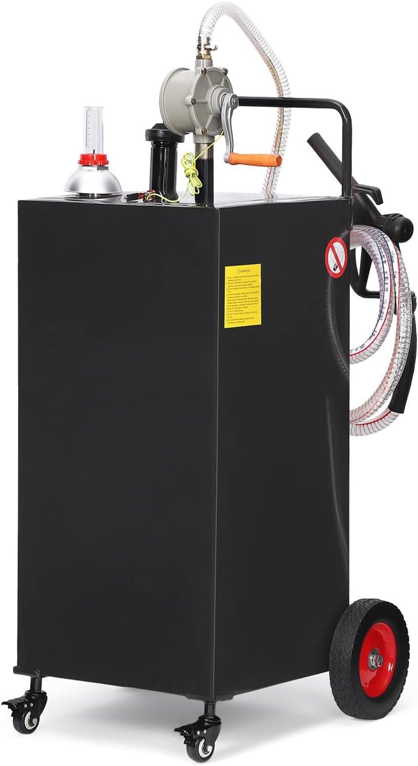 Portable 35 Gallon Fuel Caddy with Manual Pump 4 Wheel Gasoline Diesel Storage Tank Heavy Duty Steel, Kink-Free Hose & Ground Clamp for Lawn Mower, ATV, Boat, Farm Use