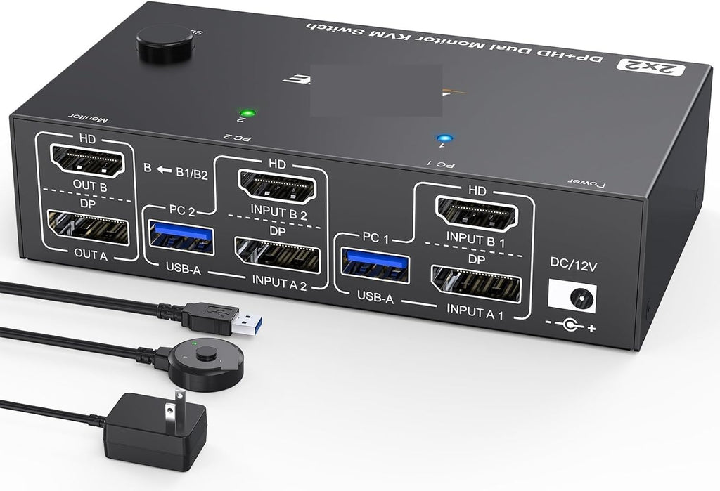 8K KVM Switch 2 Monitors 2 Computers,HDMI + Displayport Dual Monitor KVM Switch with 4 USB 3.0 Port for Keyboard Mouse Printe(US Power Adapter)