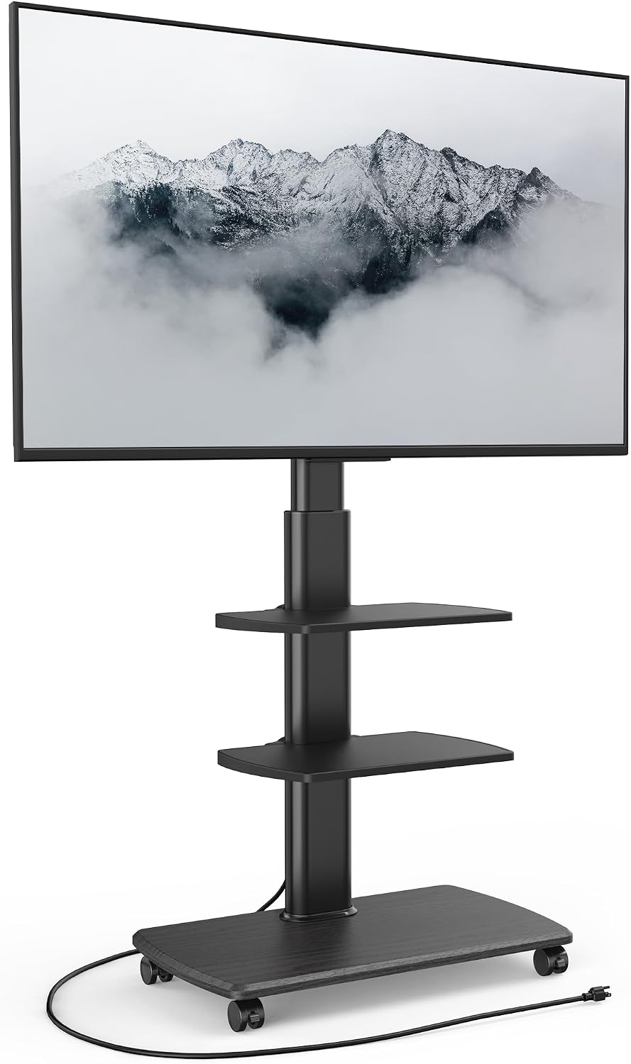 FITUEYES Rolling TV Stand with Power Outlets, Swivel Portable TV Stand for 32-70 Inch LCD LED OLED Flat/Curved Panel Screen TVs, Height Adjustable&Wood Base, Mobile TV Cart with 2 Shelves, Black