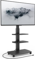 FITUEYES Rolling TV Stand with Power Outlets, Swivel Portable TV Stand for 32-70 Inch LCD LED OLED Flat/Curved Panel Screen TVs, Height Adjustable&Wood Base, Mobile TV Cart with 2 Shelves, Black
