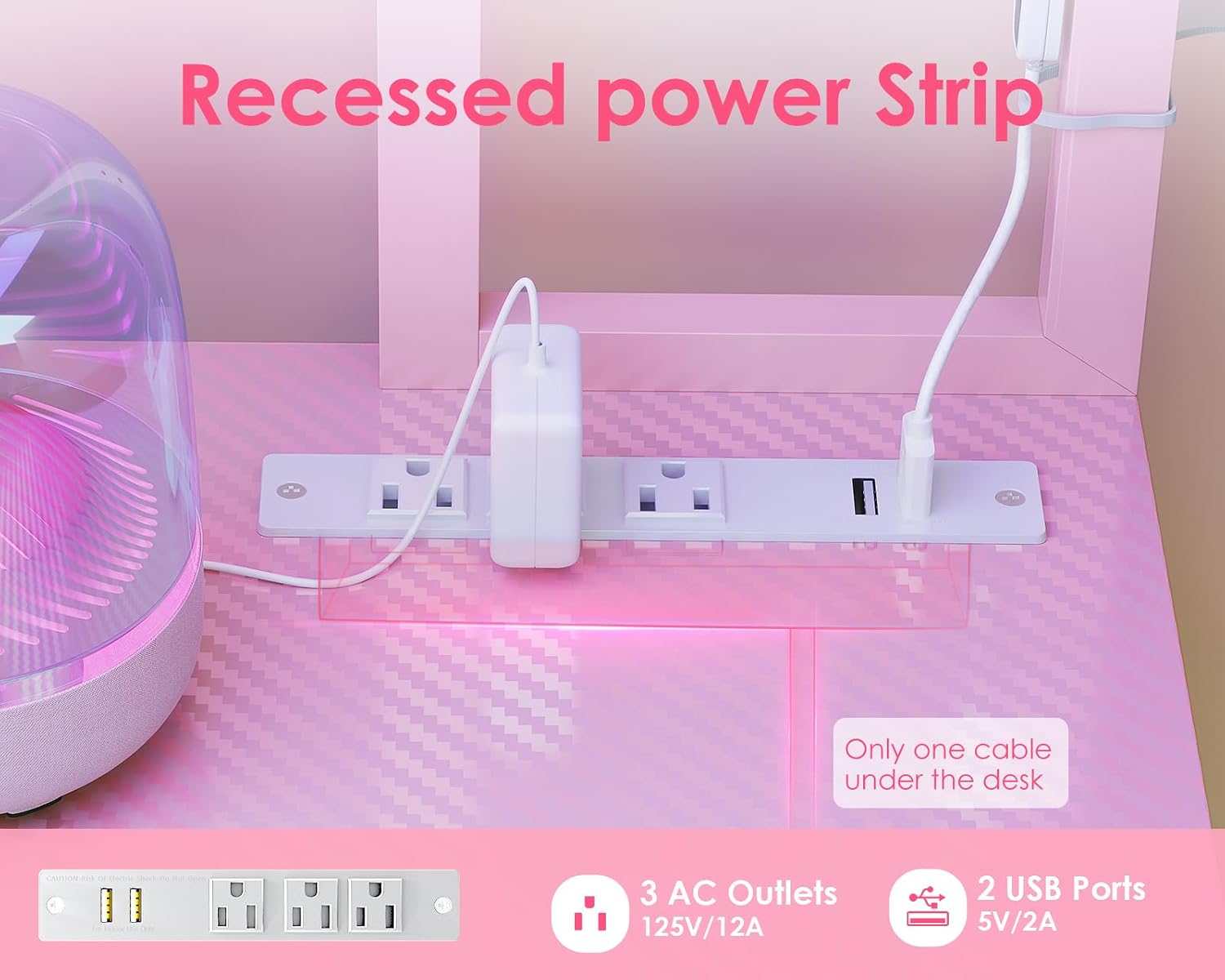 AODK L Shaped Desk Gaming Desk with LED Light & Power Outlet, 53 Inch Reversible L Shaped Computer Table with Shelf & Storage Bag & Hook for Home Office, Pink