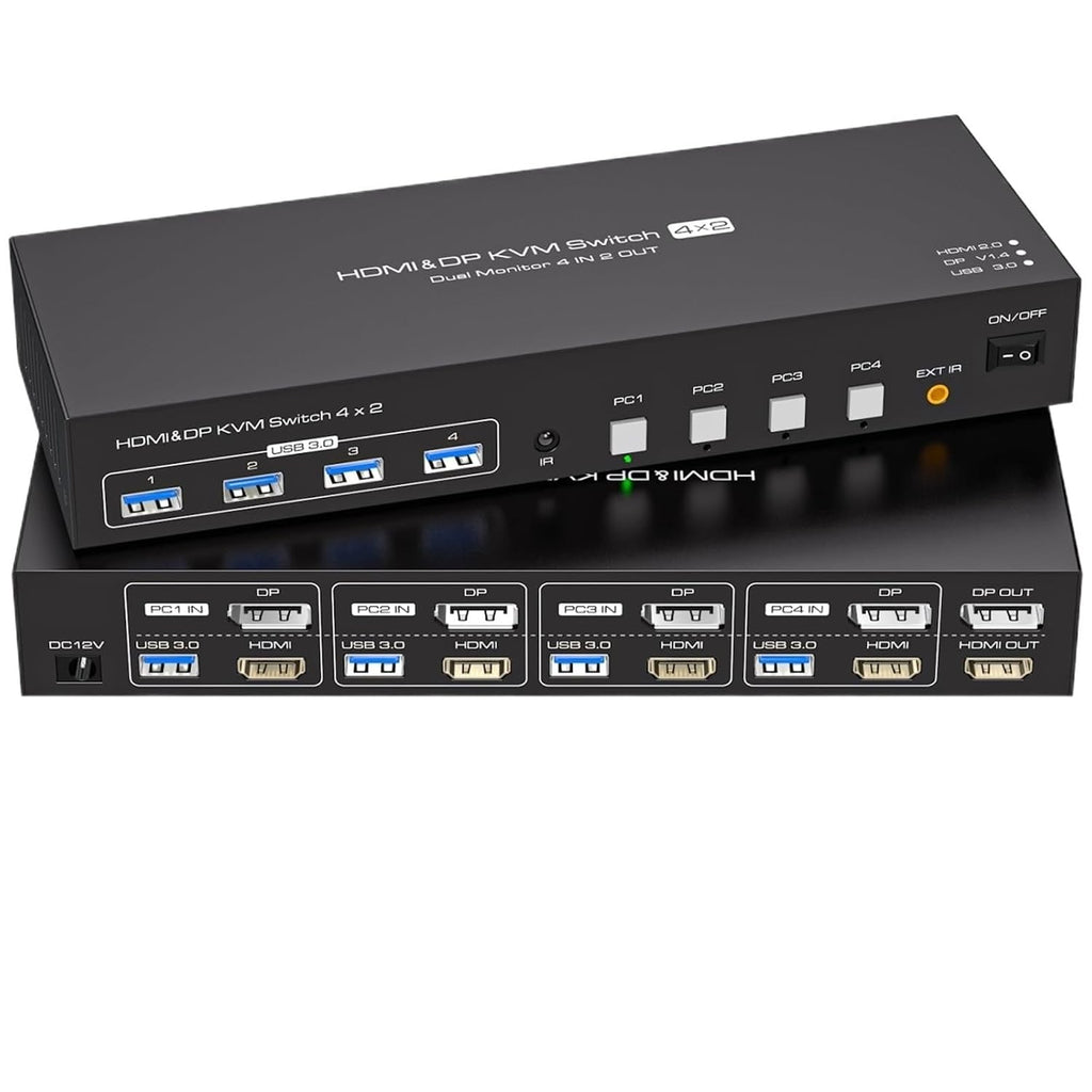 4K HDMI KVM Switch 2 Monitors 4 Computers 4K@60Hz 2K@120Hz Dual Displayport USB 3.0 Switcher for 4 PC Share Keyboard Mouse(with US Power)