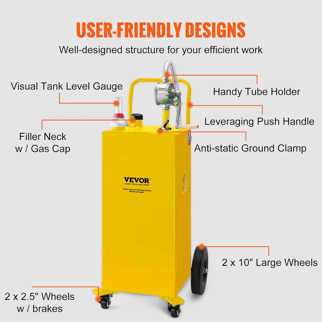 VEVOR Fuel Caddy, 35 Gallon, Gas Storage Tank on 4 Wheels, with Manual Transfer Pump, Gasoline Diesel Fuel Container for Cars, Lawn Mowers, ATVs, Boats, More, Yellow