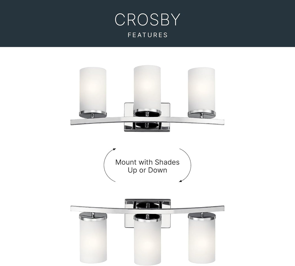 Kichler Crosby 23' Vanity Light in Chrome, 3-Light Contemporary Bathroom Light with Satin Etched Cased Opal Glass, (23' L x 8.75' H), 45497CH