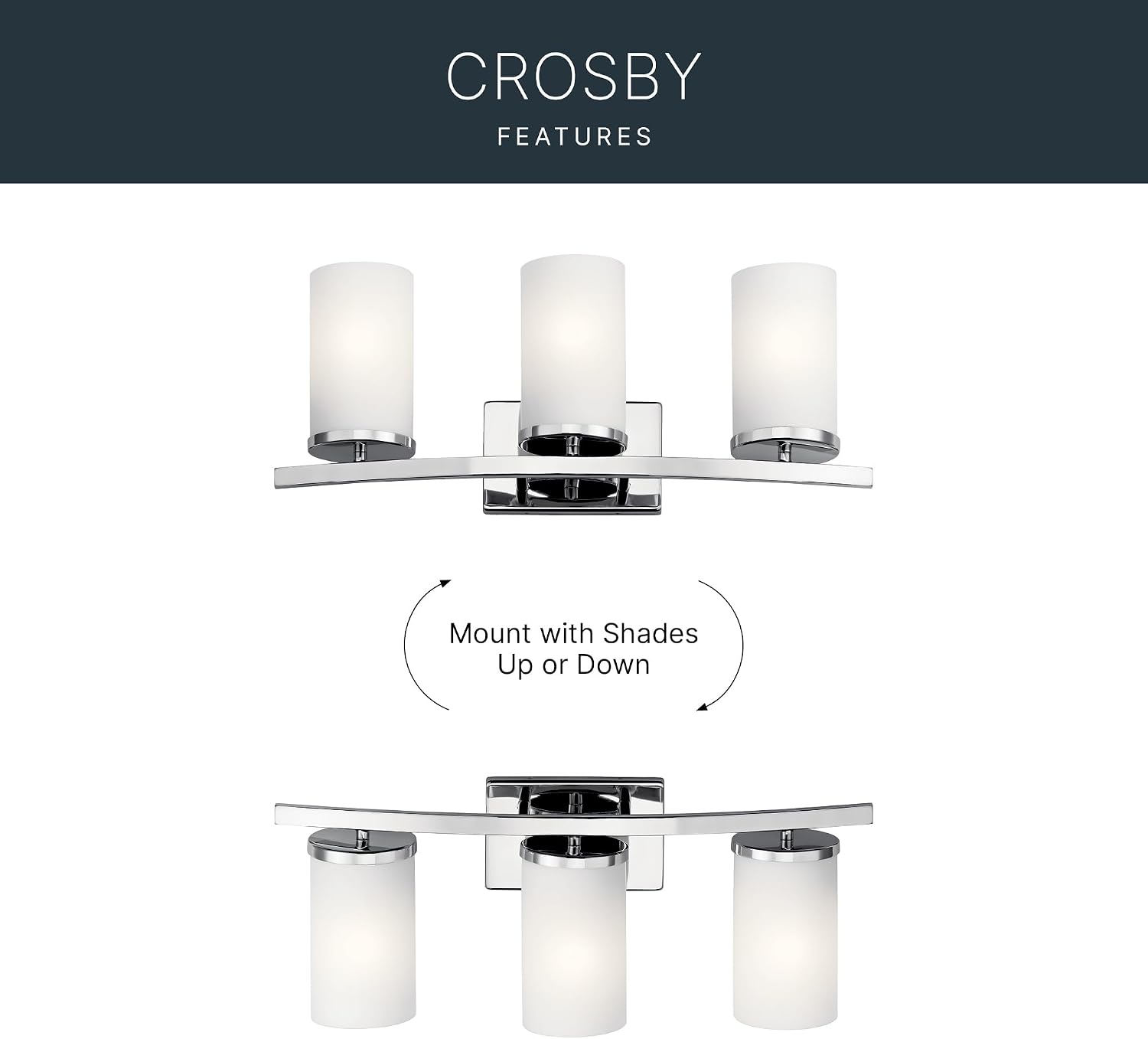 Kichler Crosby 23' Vanity Light in Chrome, 3-Light Contemporary Bathroom Light with Satin Etched Cased Opal Glass, (23' L x 8.75' H), 45497CH