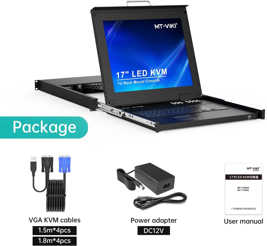 MT-Viki 17'' Rack Mount KVM Switch VGA 8 Port, Rackmount Monitor KVM Fit 1U 19'' Rack, 600-800mm(23.6~31.8'') Depth, Integrated with Keyboard+Touch pad+Drawer+8 KVM Cables