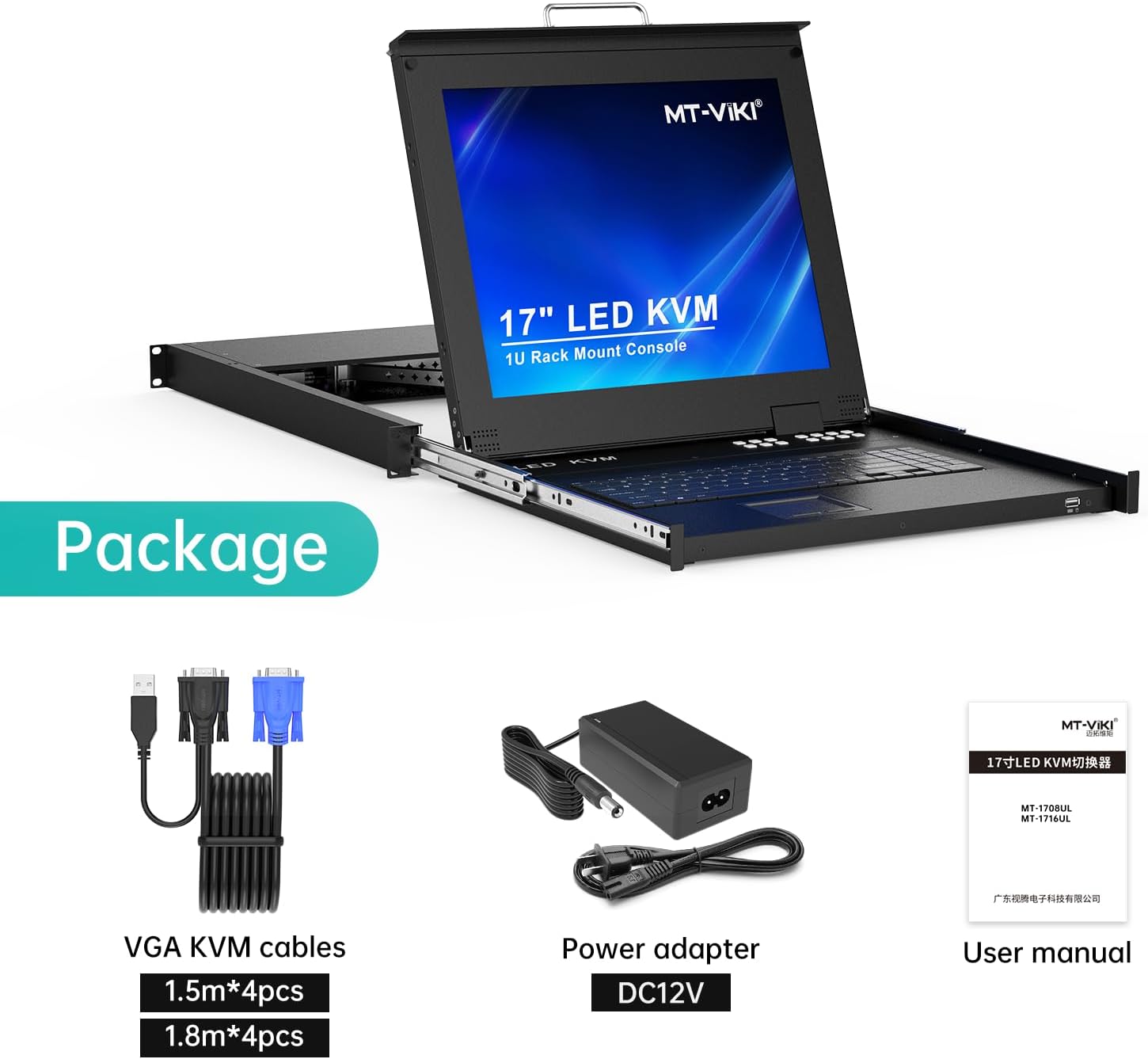 MT-Viki 17'' Rack Mount KVM Switch VGA 8 Port, Rackmount Monitor KVM Fit 1U 19'' Rack, 600-800mm(23.6~31.8'') Depth, Integrated with Keyboard+Touch pad+Drawer+8 KVM Cables