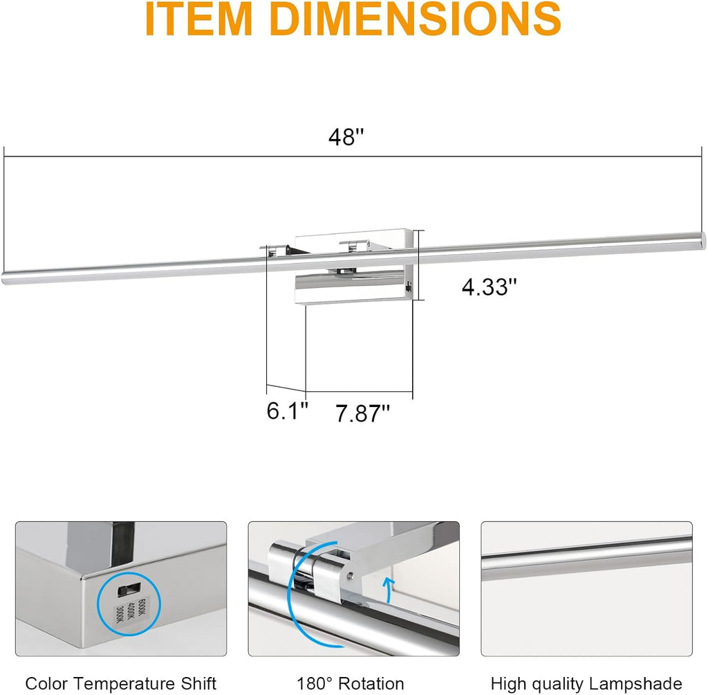 LED Bathroom Vanity Light, Modern Bathroom Light Fixture Over Mirror (3000K/4000K/6000K, Dimmable), Vanity Light Bar with Angle Adjustable, 48 Inch, Chrome