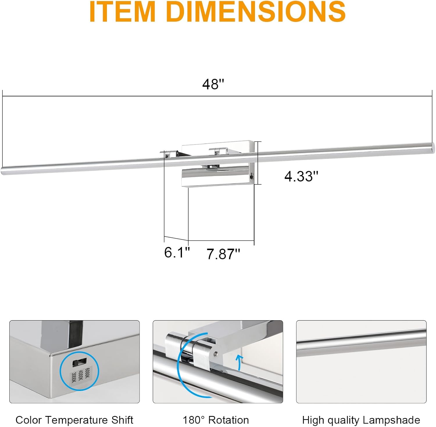 LED Bathroom Vanity Light, Modern Bathroom Light Fixture Over Mirror (3000K/4000K/6000K, Dimmable), Vanity Light Bar with Angle Adjustable, 48 Inch, Chrome