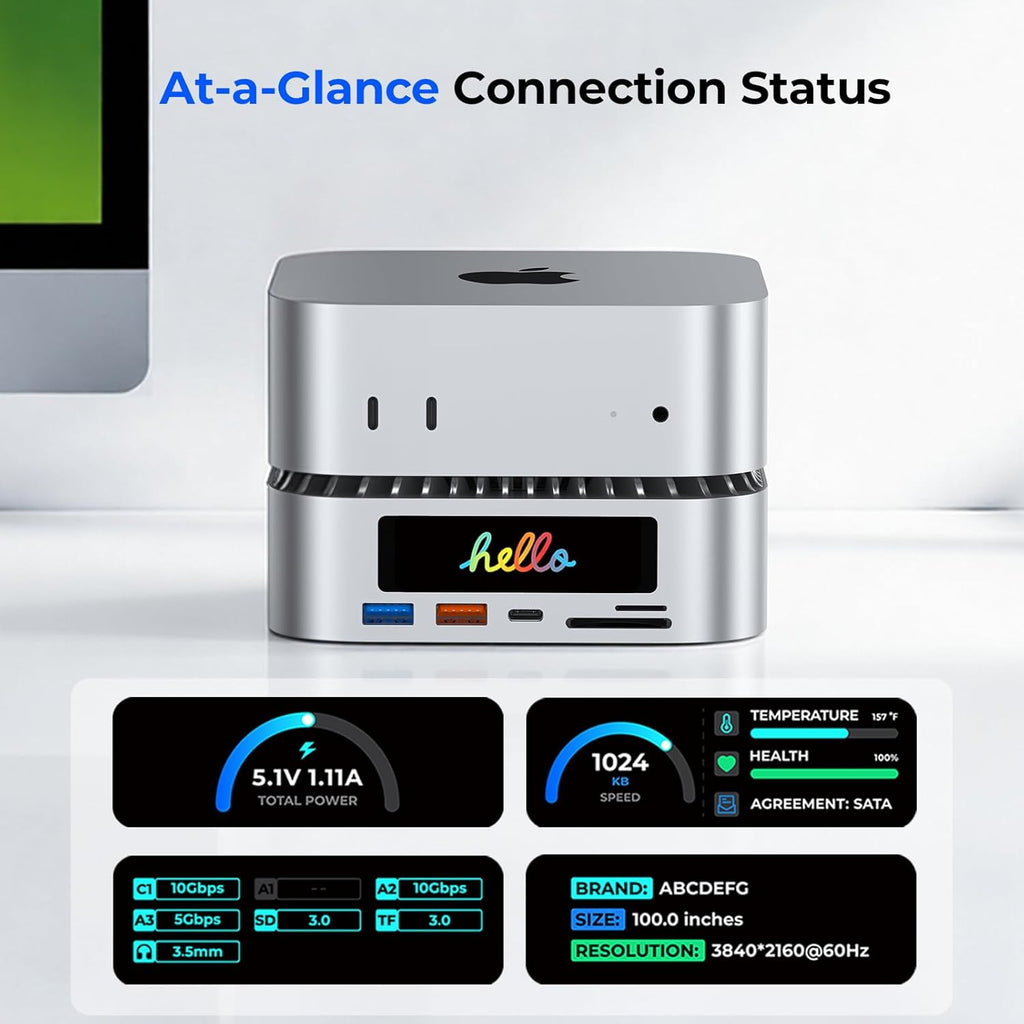 RayCue All-in-One Dock for Mac mini M4 with Smart Displays, NVMe/SATA SSD Enclosure, 4K60Hz HDMI, 10G USB-A/C, 5G USB-A*2, USB-C Charging, SD/TF, Audio – Mac mini M4 HUB &Docking Station(2024)