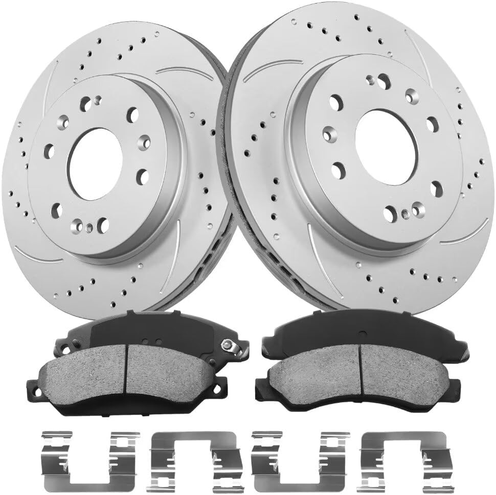 Front Automotive Replacement Brake Kit, Drilled Slotted Brake Rotors Kit Compatible with 2005-2018 Chevy Silverado 1500, 2007-2019 Chevy Tahoe|Anti-Rust Geomet Coated|329.9mm(13in)