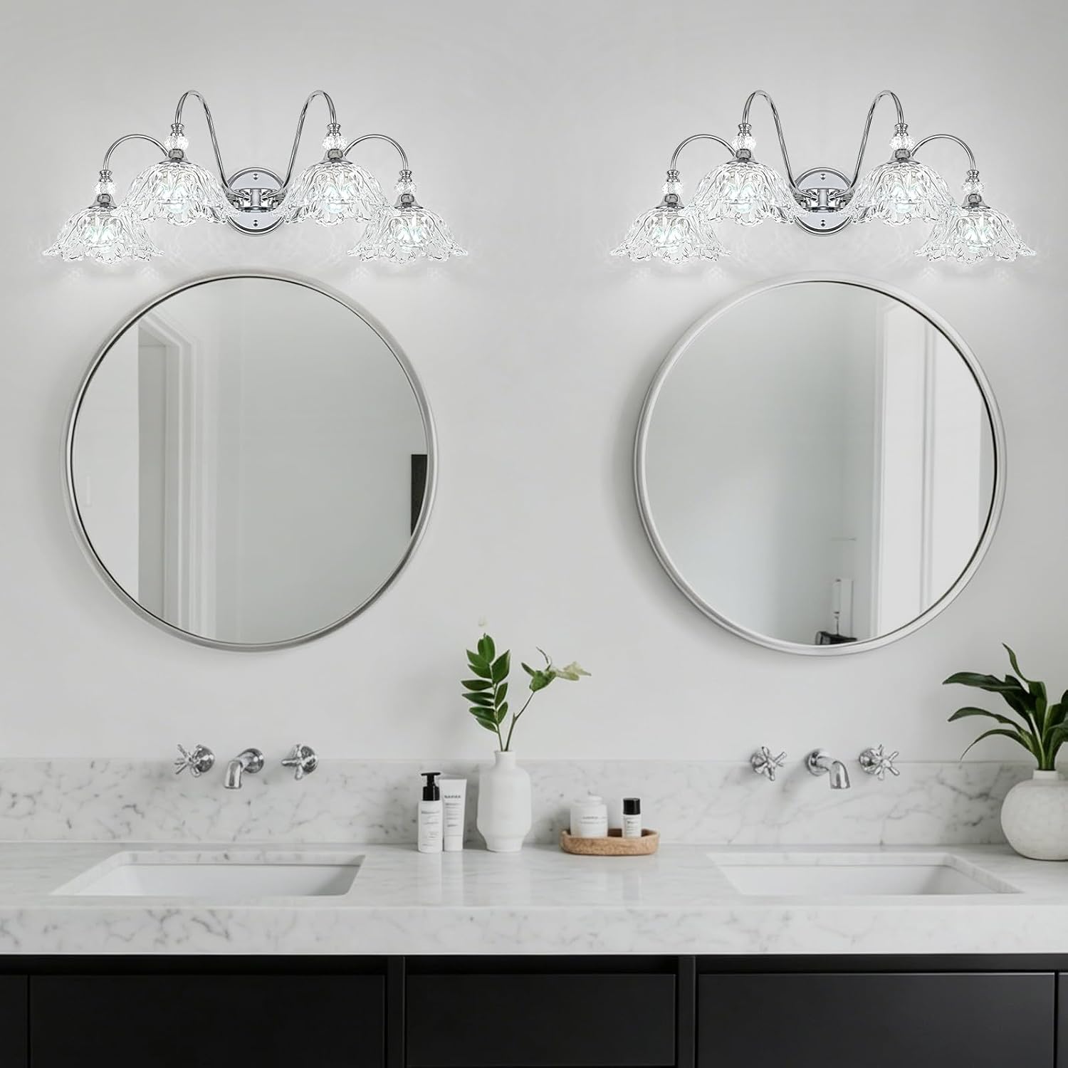 Brushed Chrome 4-Light Bathroom Vanity Light with Floral Clear Glass Shades, Modern Wall Mount Lighting for Bathroom, Dressing Table