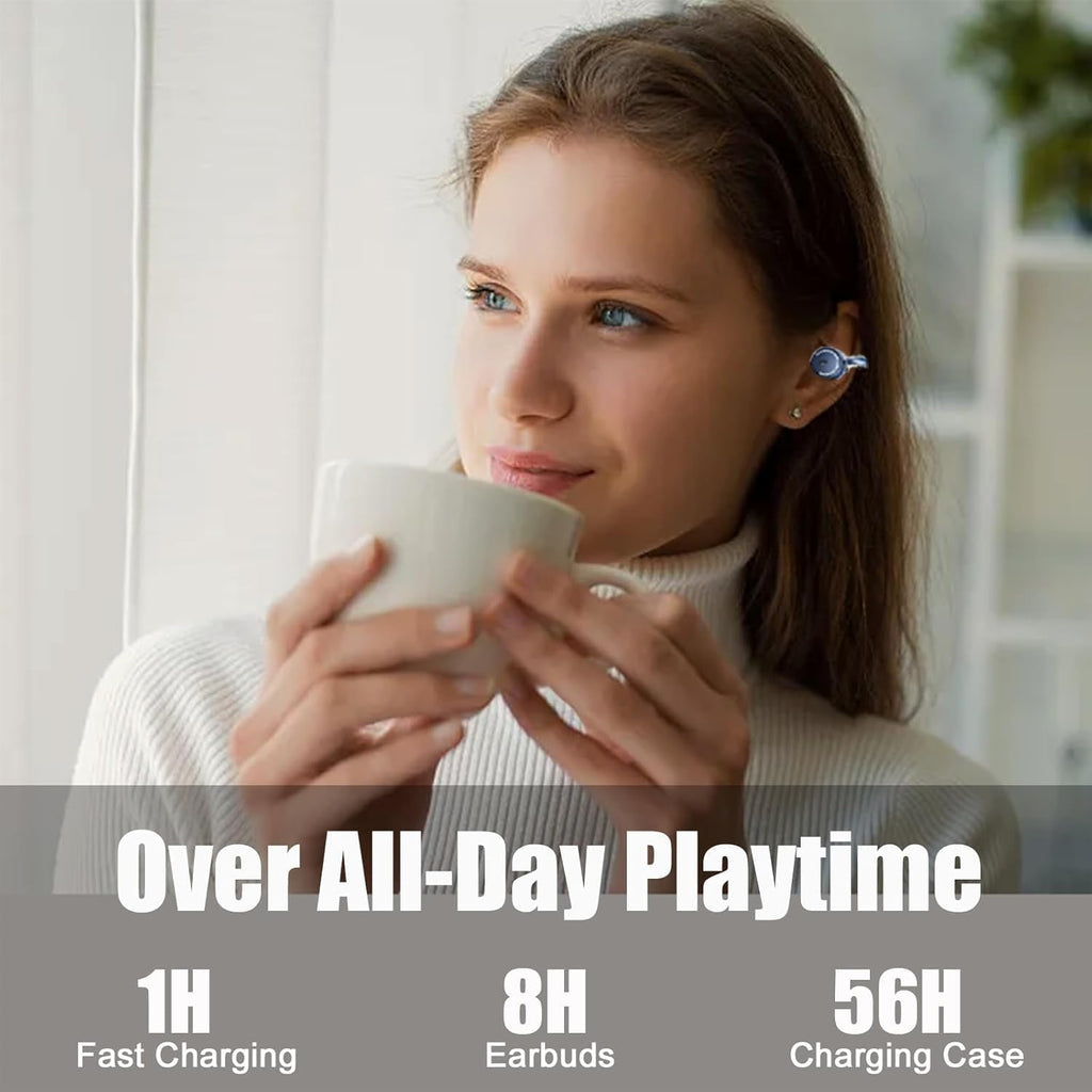 Clip On Headphones Open Earbuds Clip On Earbuds Open Ear Buds Wireless Bluetooth 5.3 Sport Earphones Built-In Mic 56H Playtime Charging Case Ipx5 Waterproof Ear Bud Wireless for Exercise blue