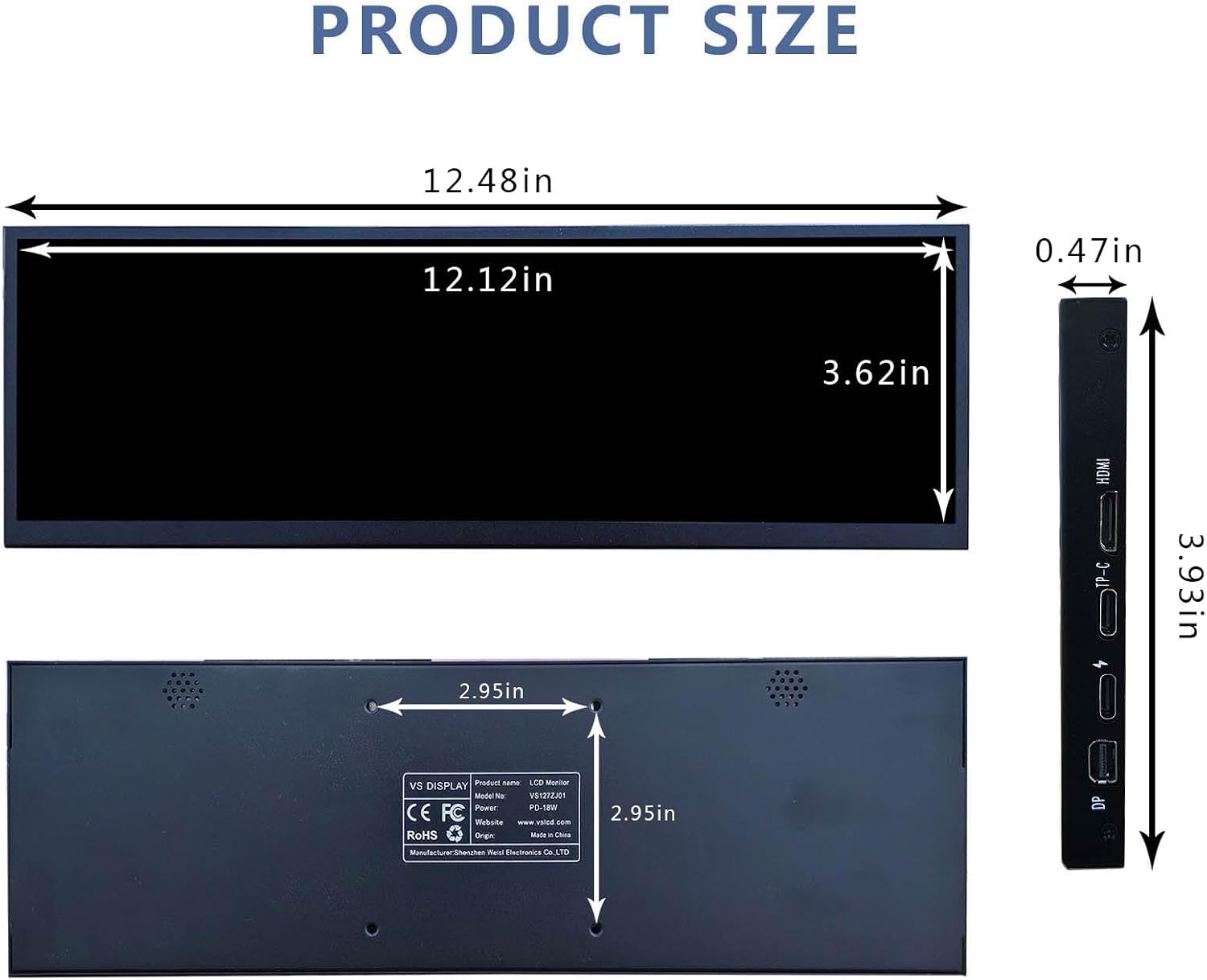 VSDISPLAY 12.7 Inch 2880x864 2K Stretched Bar LCD Screen with USB-C/DP Video Input Secondary Display for PC/Computer/Laptop CPU GPU Data Monitoring