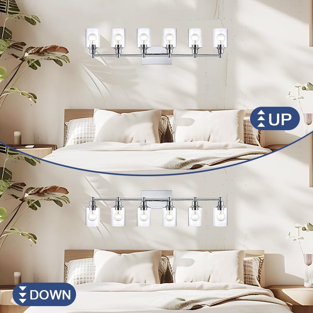 Bathroom Vanity Light Fixtures, 6-Light Vanity Lights for Bathroom Bedroom Chrome Finish Wall Mount Lights with Cylindrical Clear Glass Shade