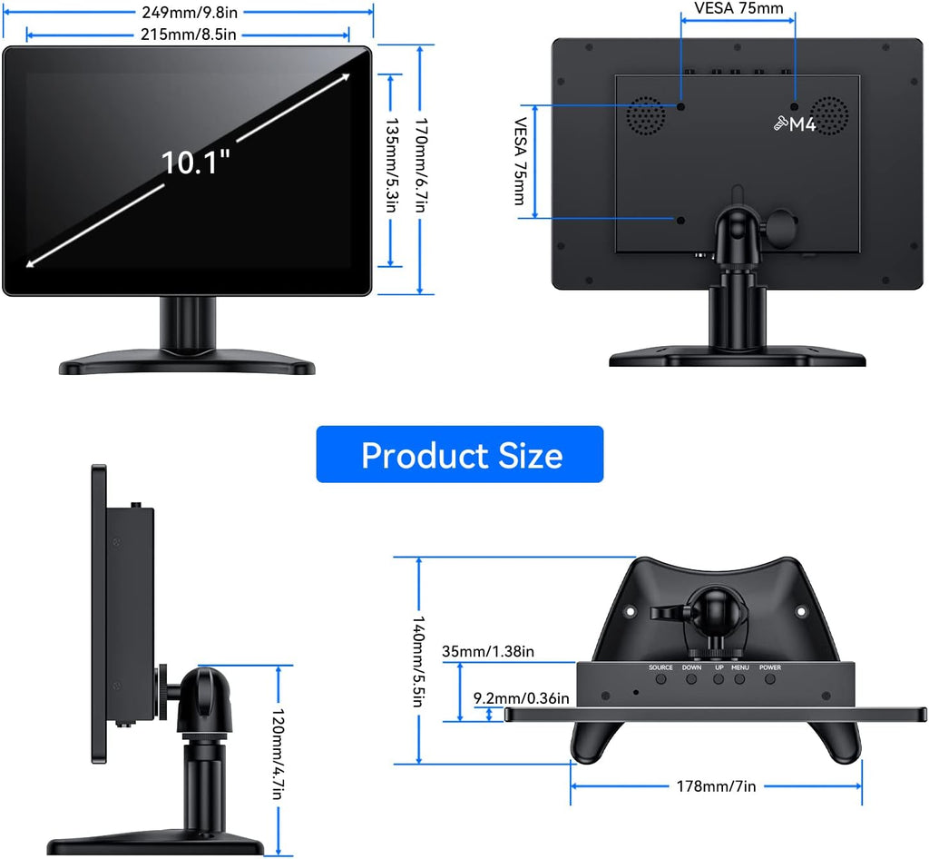 Eyoyo 10.1-inch Small Touchscreen Monitor: 1280x800 IPS Display, 10-Point Touch, HDMI VGA AV Input, Built-in Speakers, Metal Case, VESA 75x75, Touch Screen Monitor for Raspbery Pi, PC, CCTV, POS