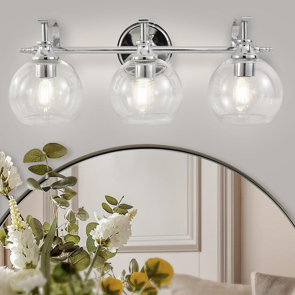 ANDY STAR Chrome Vanity Light, 3-Light Polished Silver Bathroom Light Fixture Over Mirror, Modern Wall Sconce with Clear Glass Shade, Industrial Wall Lighting for Living Room, Bedroom, Hallway, 22.3'