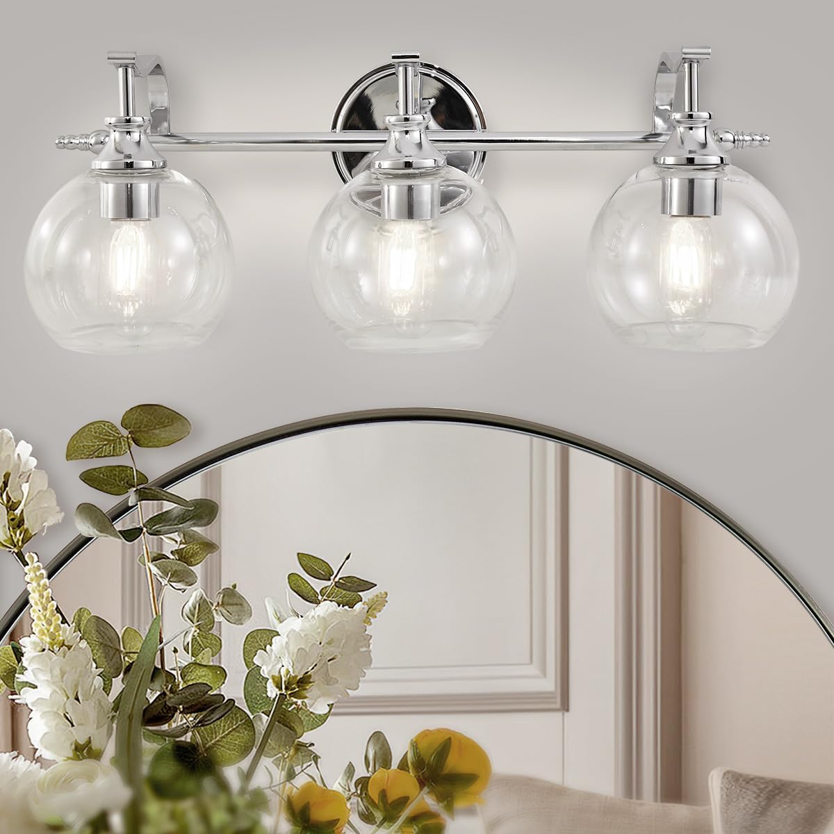 ANDY STAR Chrome Vanity Light, 3-Light Polished Silver Bathroom Light Fixture Over Mirror, Modern Wall Sconce with Clear Glass Shade, Industrial Wall Lighting for Living Room, Bedroom, Hallway, 22.3'