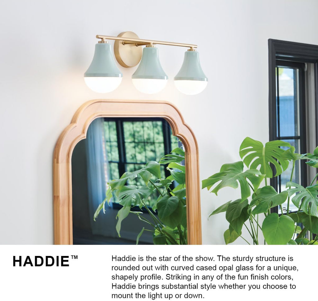 Lark Haddie 85512SF Modern Two-Light Bath Vanity, Fixture Mounts Up or Down, Shades Secured in Place, Seafoam and Lacquered Brass