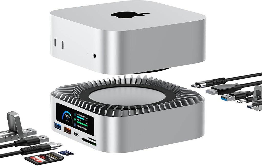 RayCue All-in-One Dock for Mac mini M4 with Smart Displays, NVMe/SATA SSD Enclosure, 4K60Hz HDMI, 10G USB-A/C, 5G USB-A*2, USB-C Charging, SD/TF, Audio – Mac mini M4 HUB &Docking Station(2024)
