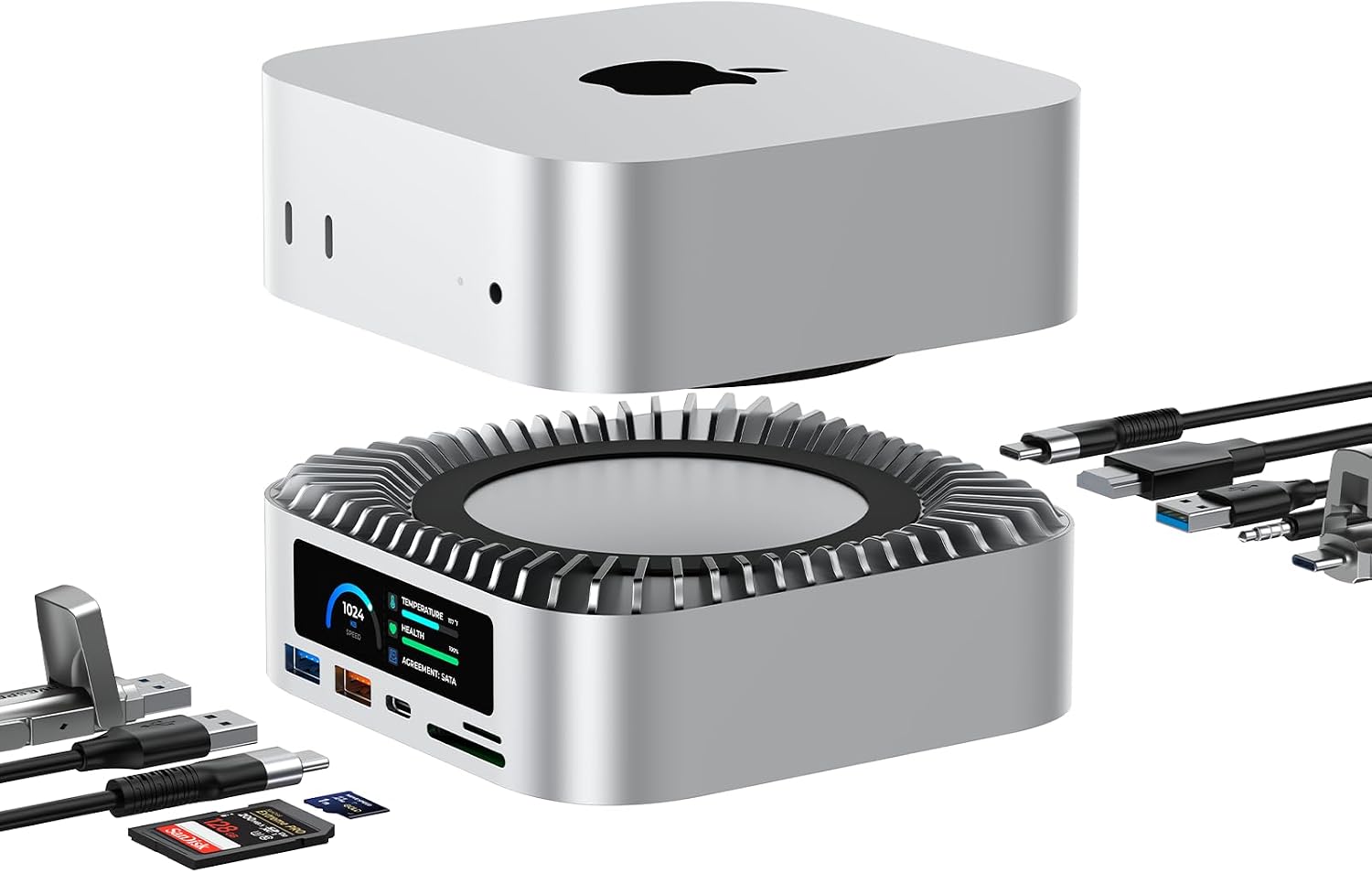 RayCue All-in-One Dock for Mac mini M4 with Smart Displays, NVMe/SATA SSD Enclosure, 4K60Hz HDMI, 10G USB-A/C, 5G USB-A*2, USB-C Charging, SD/TF, Audio – Mac mini M4 HUB &Docking Station(2024)
