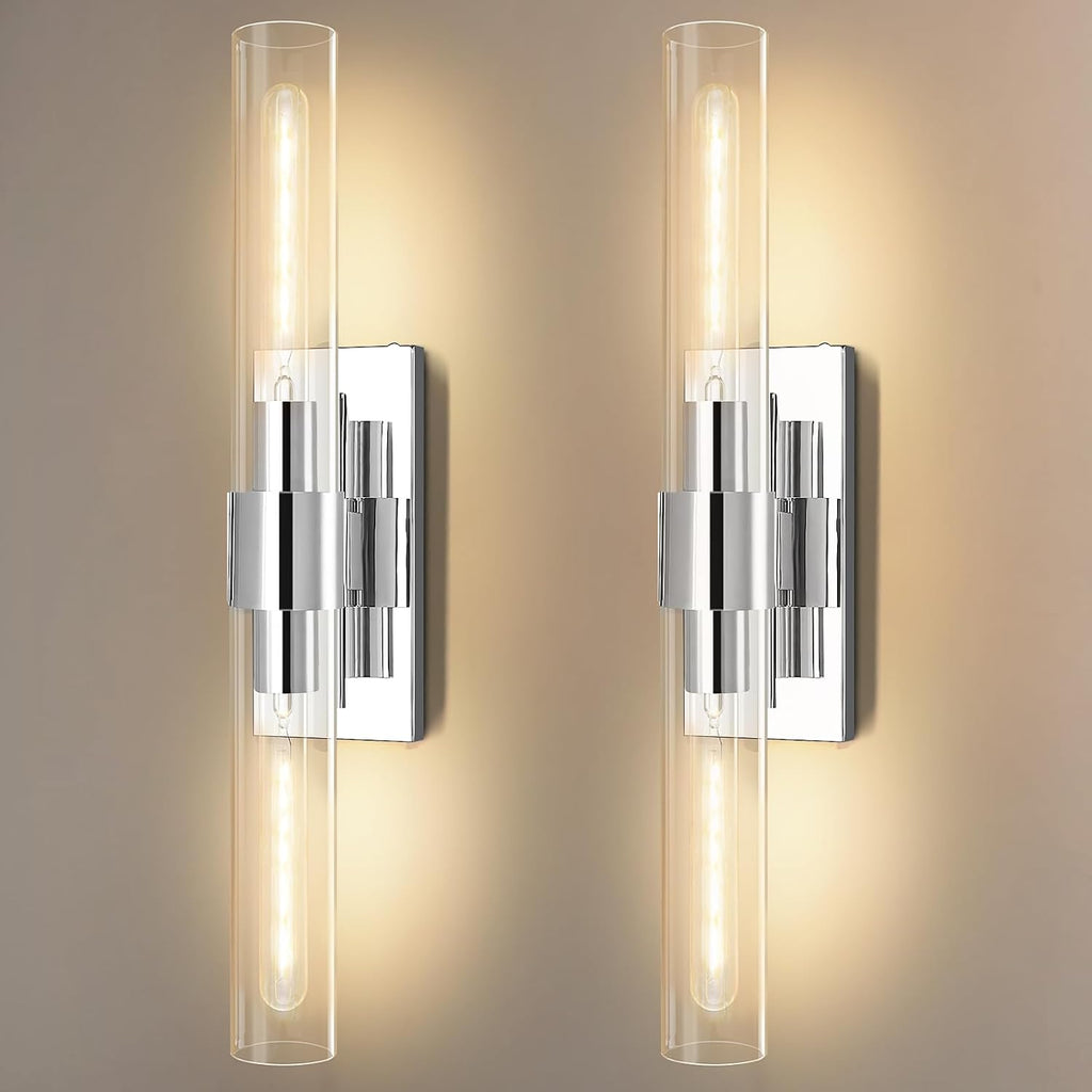 Wall Sconces Set of 2, 22.8' Chrome Bathroom Sconces, Indoor Sconces Lighting with Glass, Nickel Vanity Lights with Tube, Dimmable Bedroom Bedside Wall Light for Dressing Table Staircase