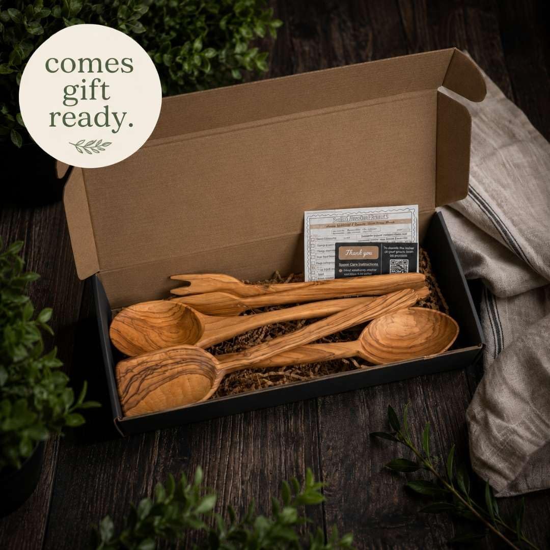 LESVOS WOODCRAFT - Premium Deep Bowl Olive Wood Cooking Utensil Set - 5-Piece Artisan Cooking and Serving Utensil Bundle, Olive Wood Utensils, Fair-Trade, Handcrafted, Includes 2 Greek Recipes
