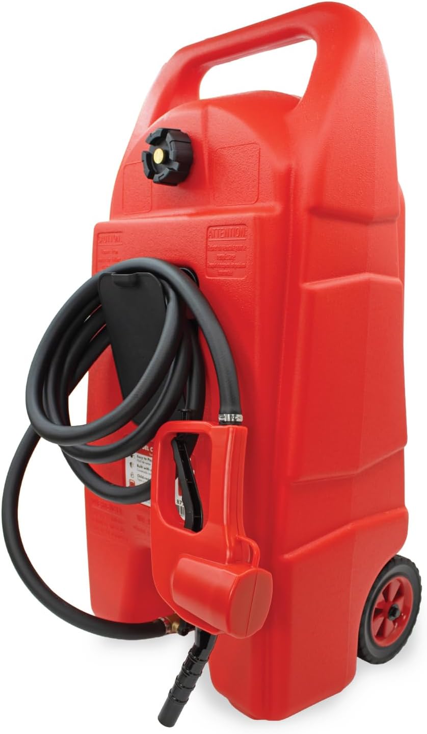 LAUCO 15 Gallons Gas Can, Heavy-Duty Fuel Tank with Manual Transfer Pump & 10FT Hose, Portable Gas Caddy with Wheels, Leak-Proof Gas Container for Lawn Mowers, Cars, Boats, 87259