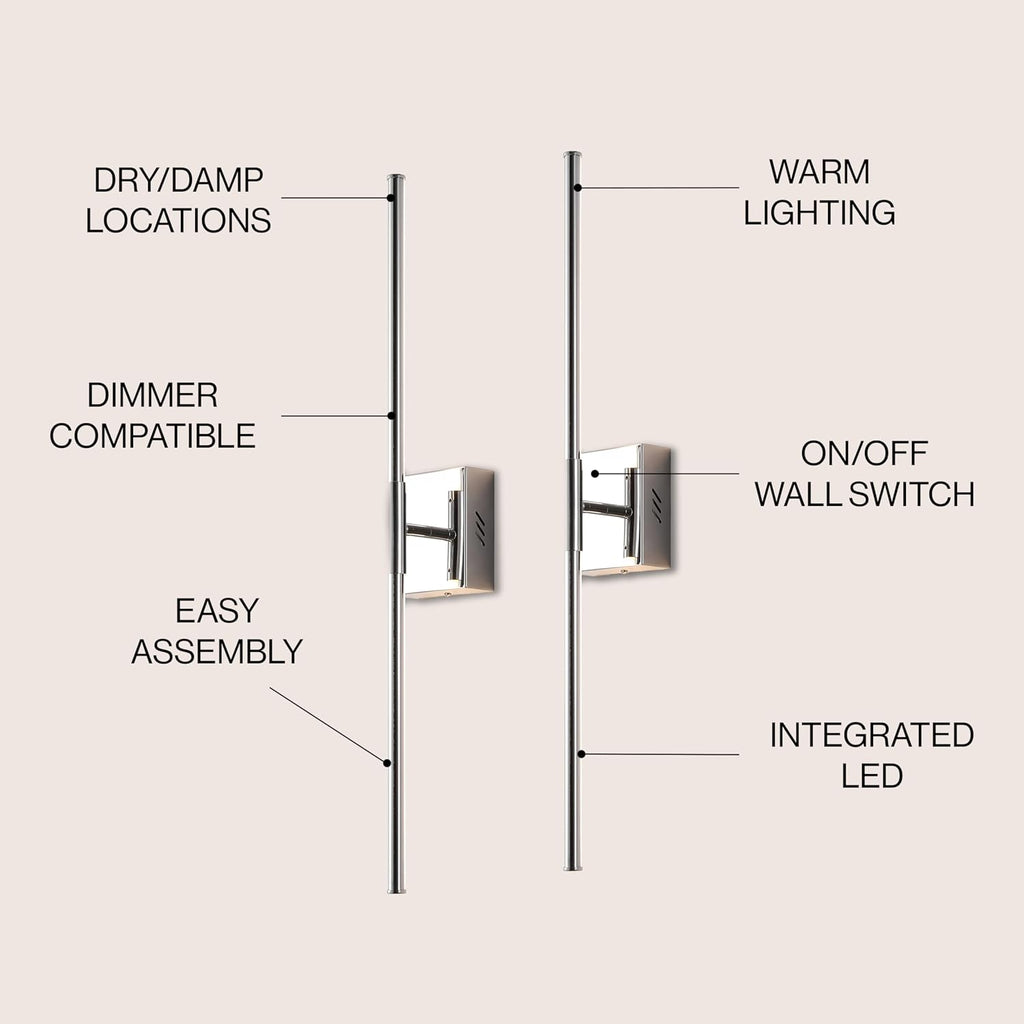 JONATHAN Y 28' Chrome Modern Dimmable Integrated LED Wall Sconce, Metal Vanity Light for Bathroom Mirror Bedroom Hallway, Sleek Hardwired Wall Lamp Fixture, 3000K (JYL7022A-SET2)
