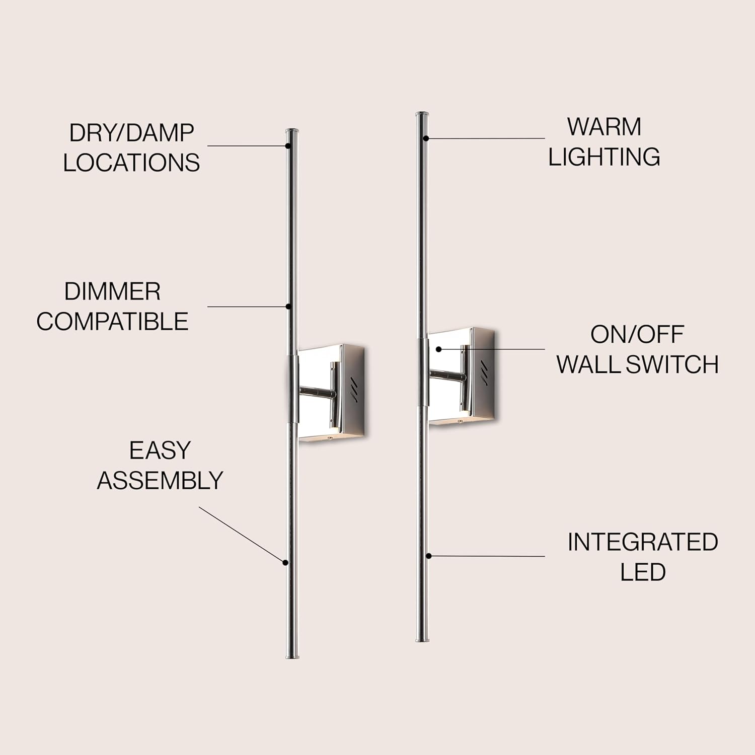 JONATHAN Y 28' Chrome Modern Dimmable Integrated LED Wall Sconce, Metal Vanity Light for Bathroom Mirror Bedroom Hallway, Sleek Hardwired Wall Lamp Fixture, 3000K (JYL7022A-SET2)