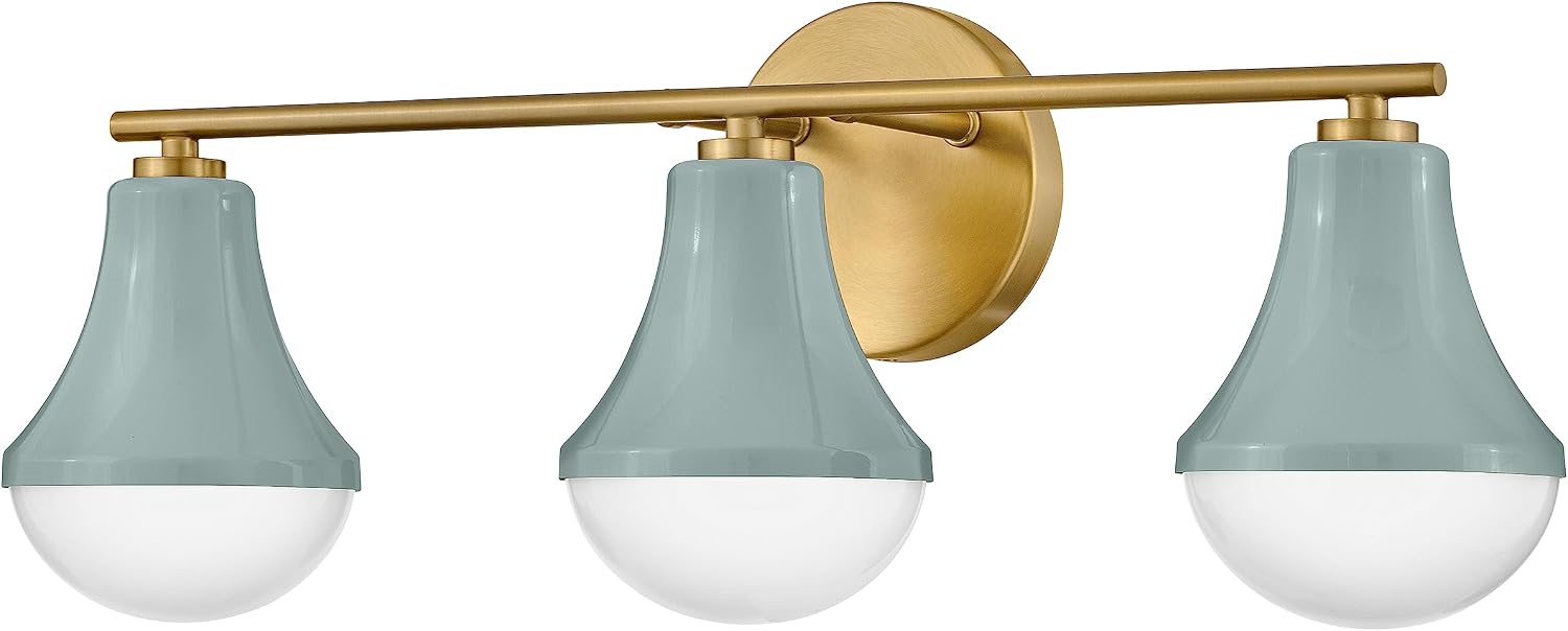Lark Haddie Modern Three-Light Bath Vanity, Fixture Mounts Up or Down Over Bathroom Mirror, Seafoam and Lacquered Brass Finish
