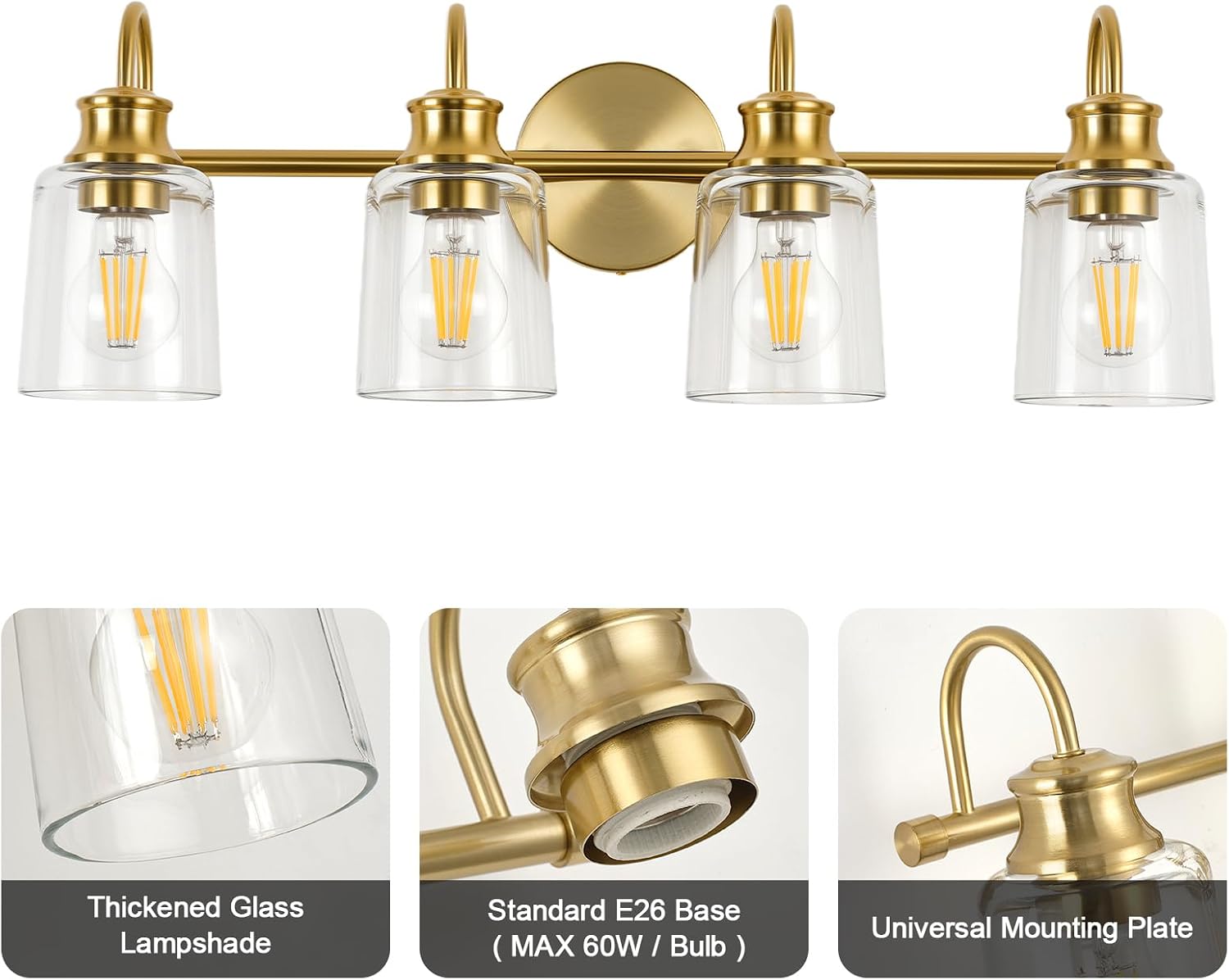 4 Lights Bathroom Light Fixtures Modern Gold Vanity Lights for Bathroom Lighting Fixtures Over Mirror with Clear Glass Shade for Cabinet Mirror Bedroom Hallway