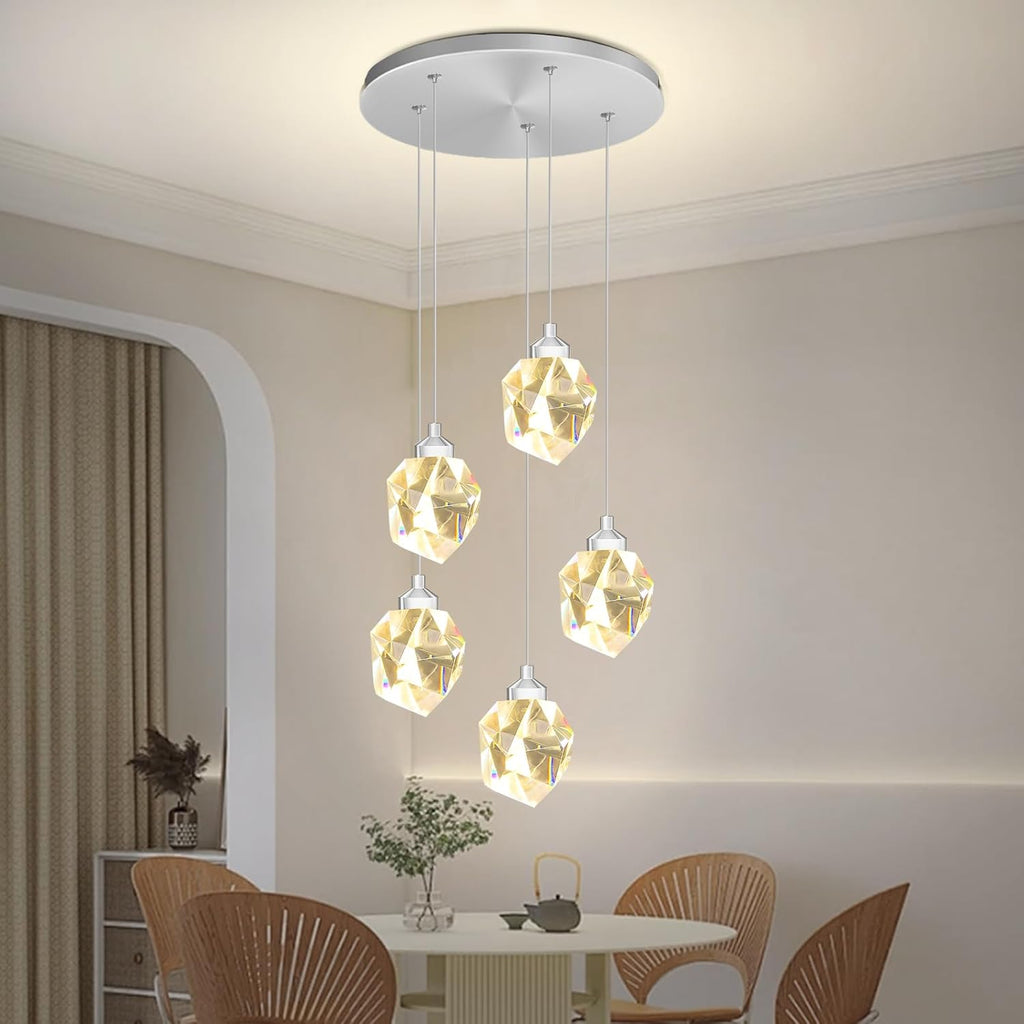 5-Light Cluster Crystal Raindrop Pendant Lights- 25W LED Dimmable Hanging Light Fixture Chandelier for Kitchen Island, Dining Room Living Room