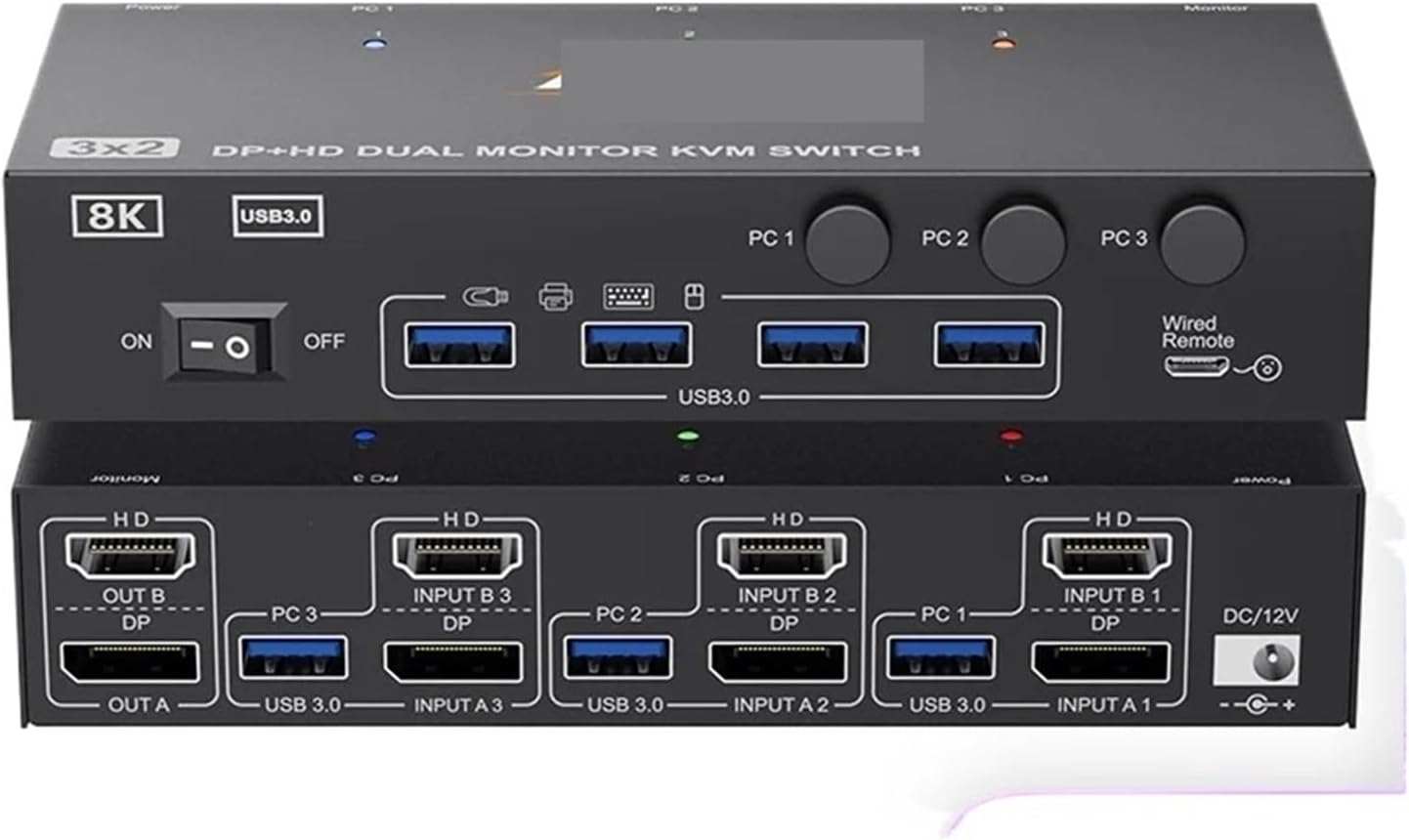 HDMI + Displayport KVM Switch 2 Monitors 3 Computers 8K@60Hz,Dual Monitor KVM Switch with 4 USB 3.0 Port for Keyboard Printer(with US Plug)