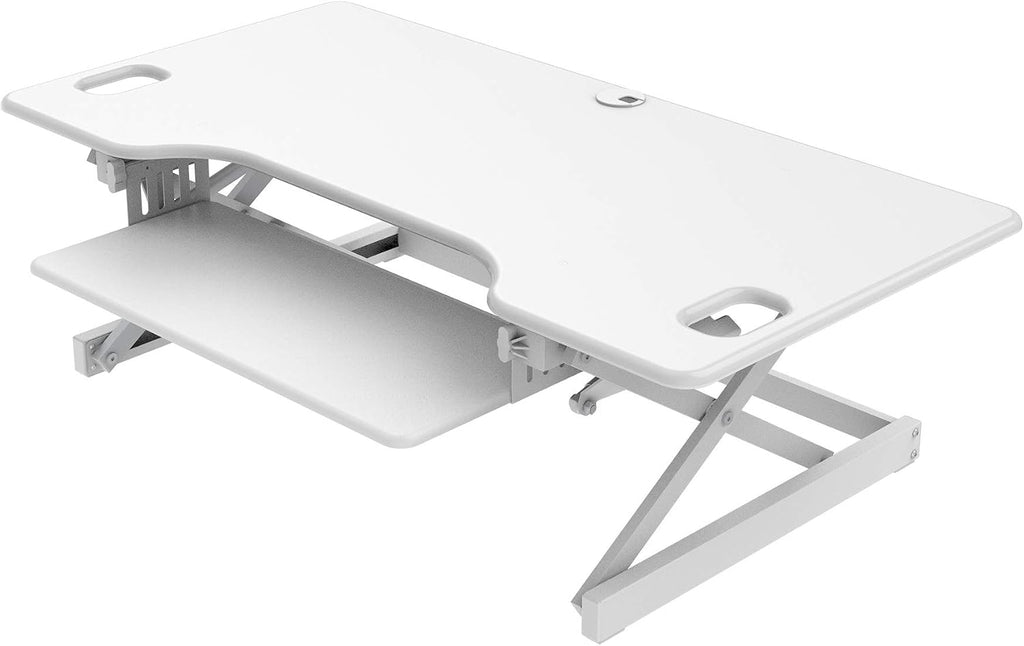 Rocelco 46' Large Height Adjustable Standing Desk Converter - Quick Sit Stand Up Triple Monitor Riser - Gas Spring Assist Computer Workstation - Retractable Keyboard Tray - White (R DADRW-46)