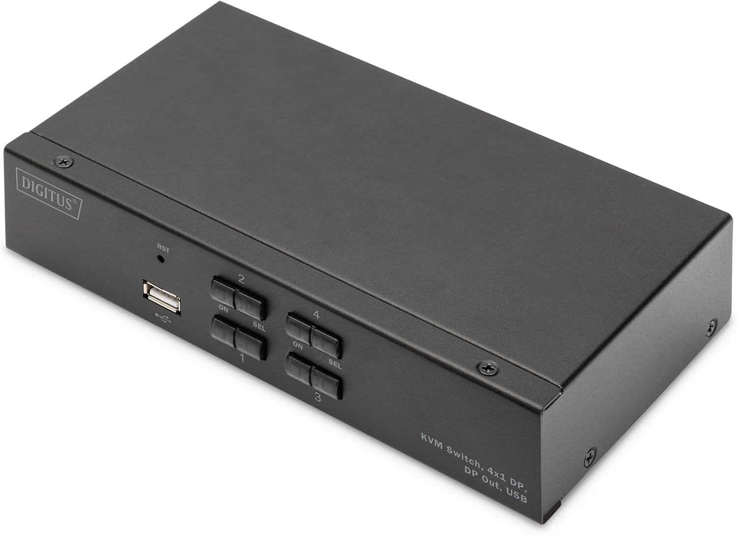 DIGITUS Displayport KVM Switch - 4-Port Single Display - 4 PC 1 Monitor - 1x Mouse, Keyboard & Audio for 4 Computers - UHD 4K@60Hz (4096 x 2160p) - Hot Key Switch - 1x USB 2.0 Hub - Black